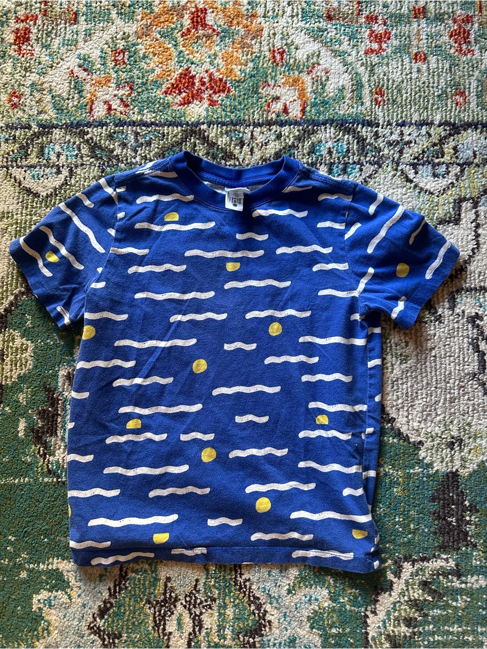 Hanna Andersson Royal Blue Tee with White Wave Stripes and Yellow Dots